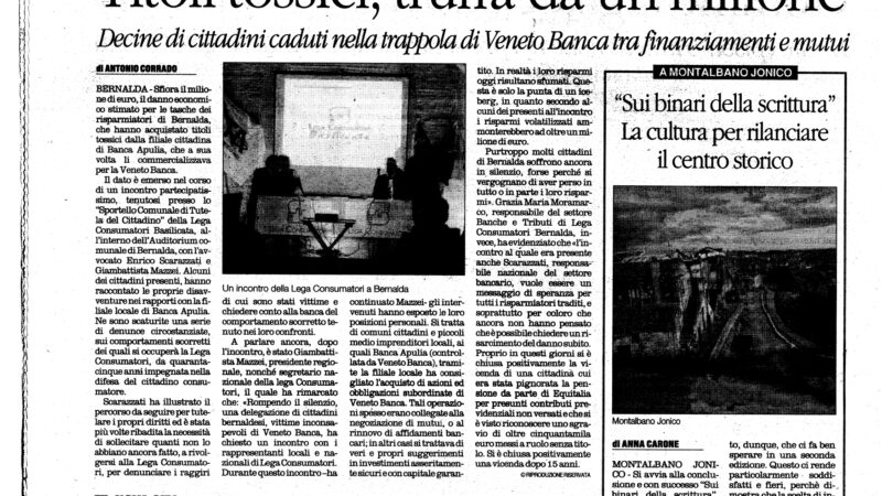 L’impegno di Lega Consumatori Basilicata su Veneto Banca